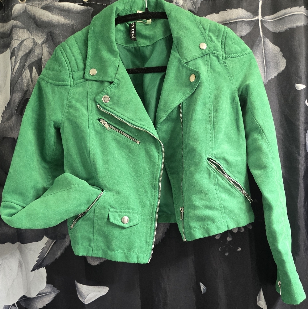 H&M Faux Suede Lime Green Moto Jacket